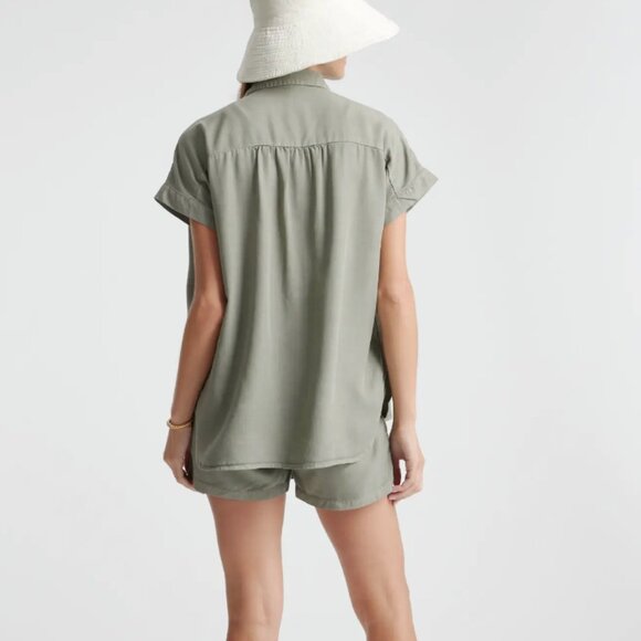 Quince Vintage Wash Tencel Camp Shirt, Olive Green, Size M, Short Sleeve Button - Picture 2 of 9